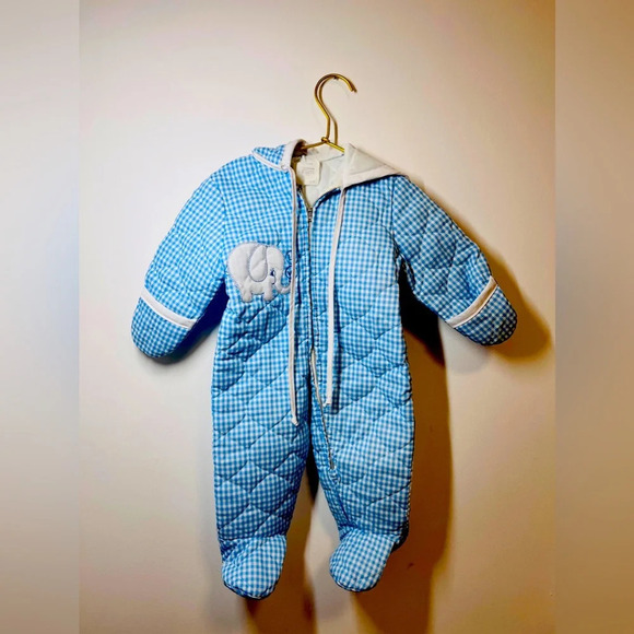 Vintage Hooded Baby Bunting Snowsuit Blue/ White Gingham - Picture 1 of 11